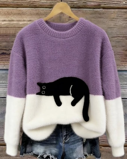 Women's Plush Pullover Sweater with a Cat Patch