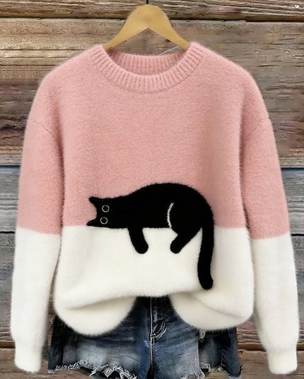 Women's Plush Pullover Sweater with a Cat Patch