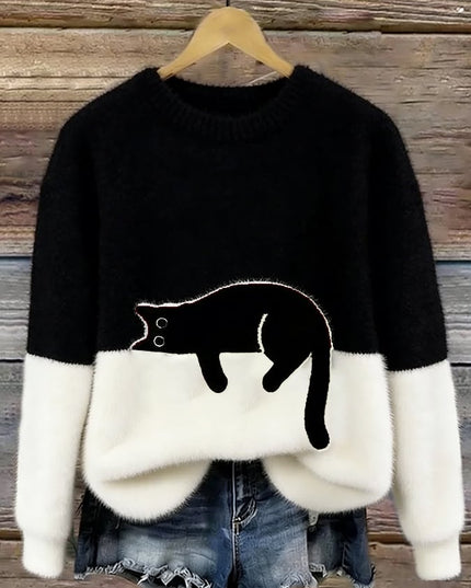 Women's Plush Pullover Sweater with a Cat Patch