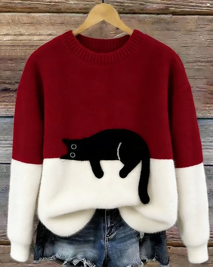 Women's Plush Pullover Sweater with a Cat Patch