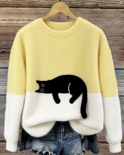 Women's Plush Pullover Sweater with a Cat Patch