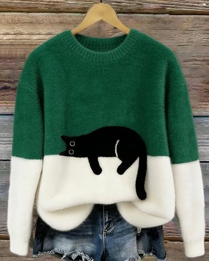 Women's Plush Pullover Sweater with a Cat Patch