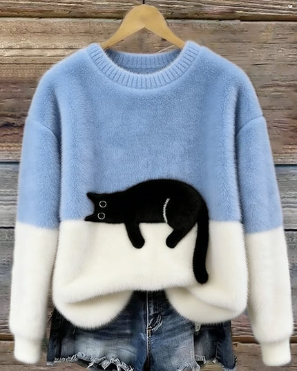 Women's Plush Pullover Sweater with a Cat Patch