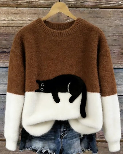 Women's Plush Pullover Sweater with a Cat Patch