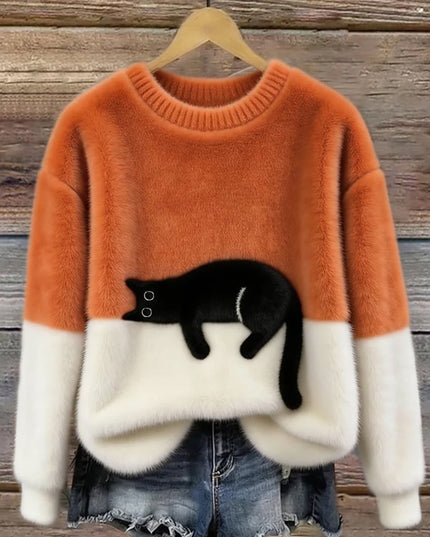 Women's Plush Pullover Sweater with a Cat Patch