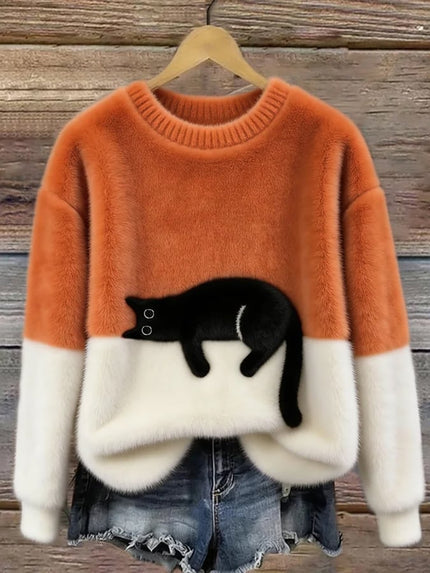 Women's Plush Pullover Sweater with a Cat Patch