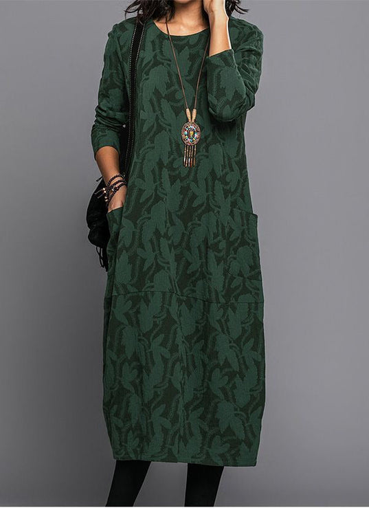 Women's Pocket Midi Dress with Long Sleeves and Round Neck