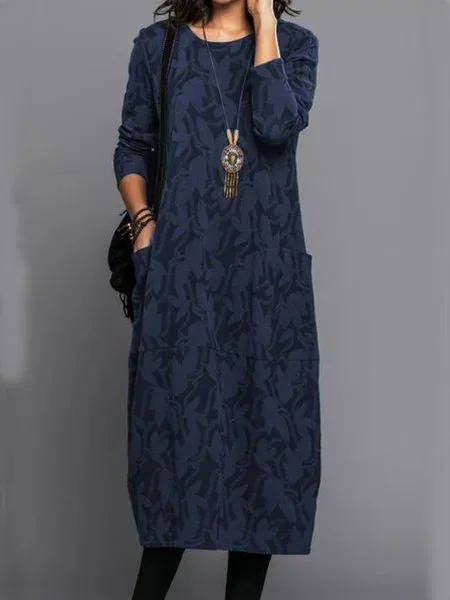 Women's Pocket Midi Dress with Long Sleeves and Round Neck