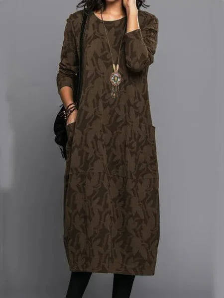 Women's Pocket Midi Dress with Long Sleeves and Round Neck