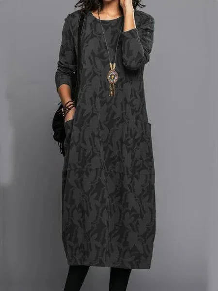 Women's Pocket Midi Dress with Long Sleeves and Round Neck