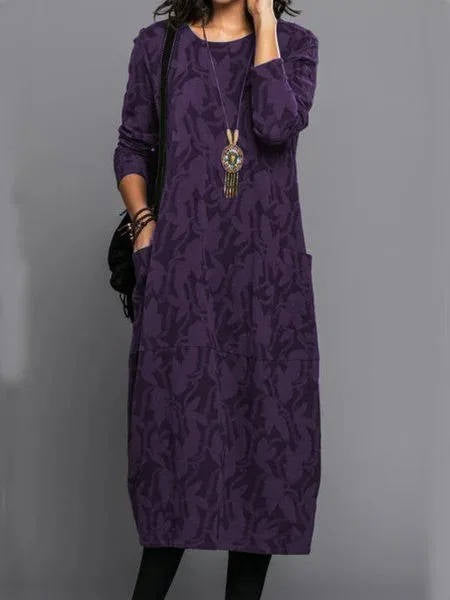 Women's Pocket Midi Dress with Long Sleeves and Round Neck