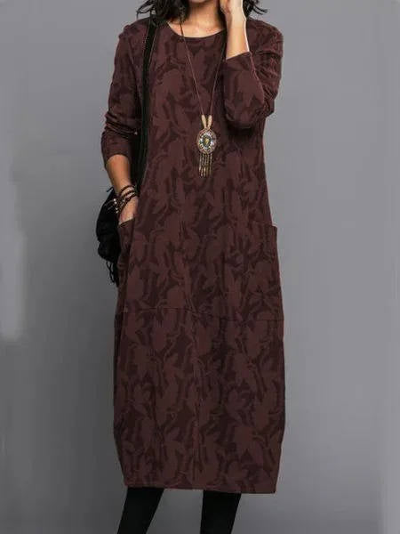 Women's Pocket Midi Dress with Long Sleeves and Round Neck