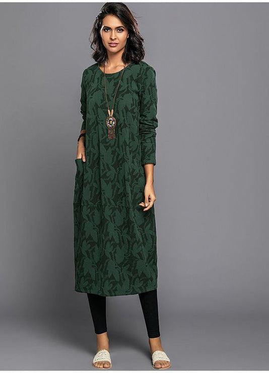 Women's Pocket Midi Dress with Long Sleeves and Round Neck