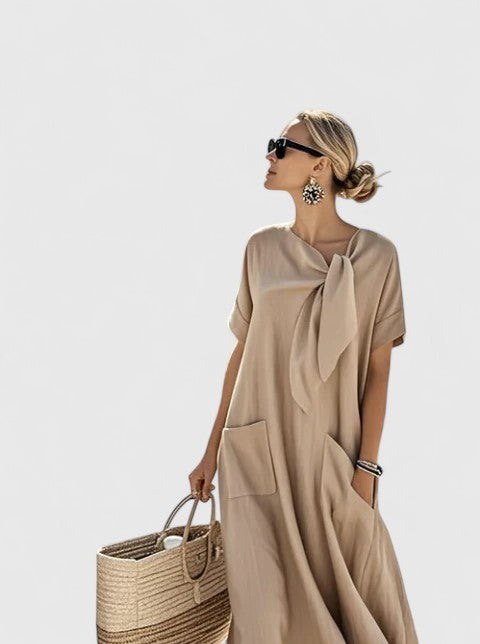Women's Pocketed Dress with a Tied Front Neckline