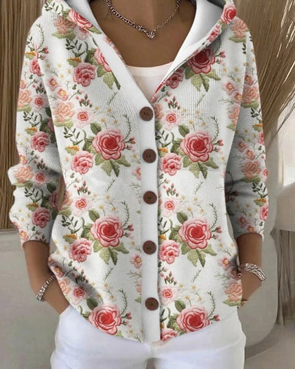 Women's Print Button Hoodie with Relaxed Fit