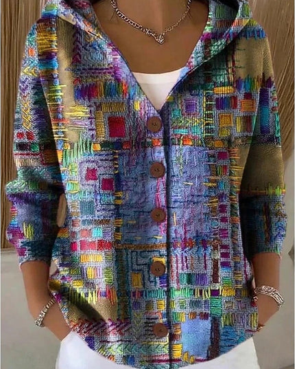 Women's Print Button Hoodie with Relaxed Fit