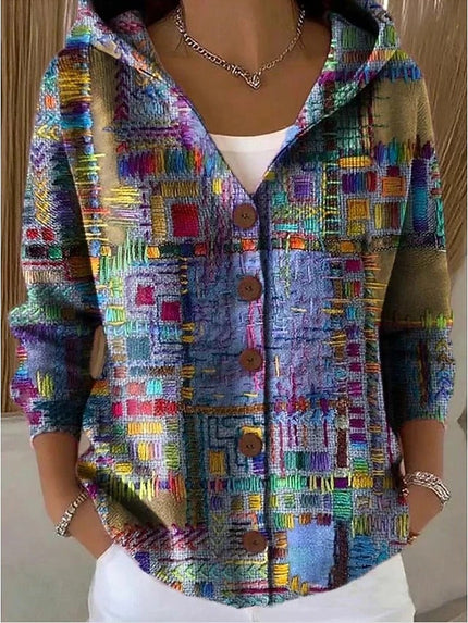 Women's Print Button Hoodie with Relaxed Fit