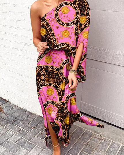 Women's Printed One Shoulder Maxi Cocktail Dress