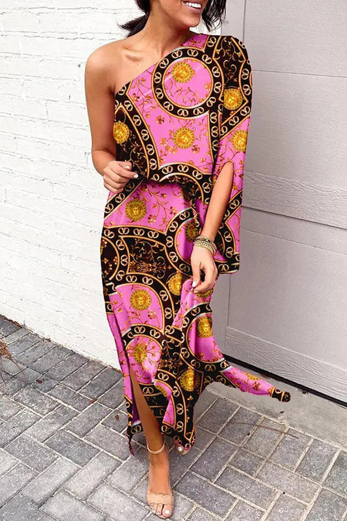 Women's Printed One Shoulder Maxi Cocktail Dress