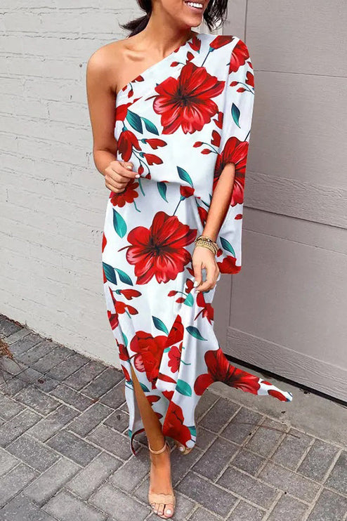 Women's Printed One Shoulder Maxi Cocktail Dress