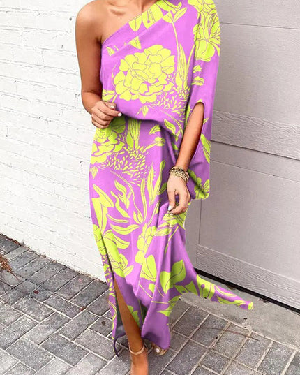 Women's Printed One Shoulder Maxi Cocktail Dress