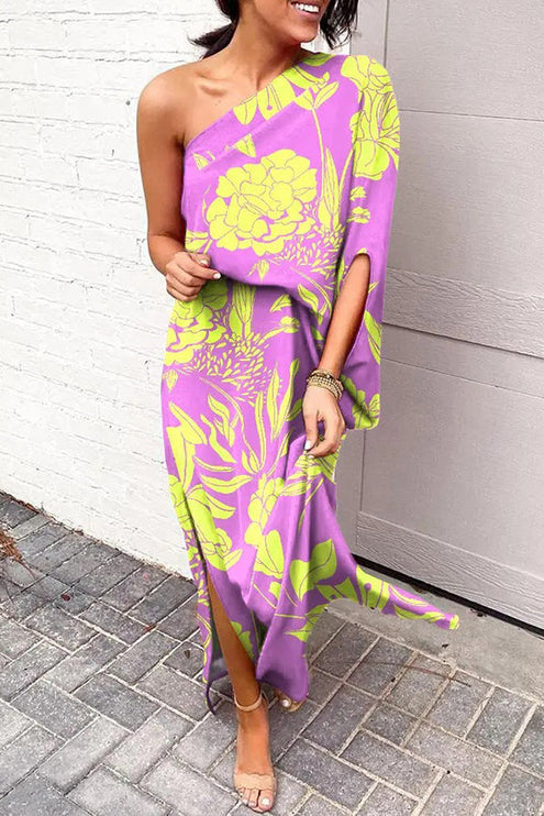 Women's Printed One Shoulder Maxi Cocktail Dress