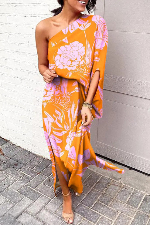 Women's Printed One Shoulder Maxi Cocktail Dress