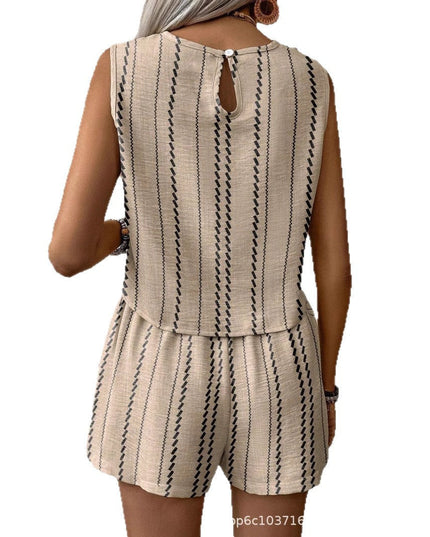 Back view of beige sleeveless top and shorts matching set with keyhole button closure detail