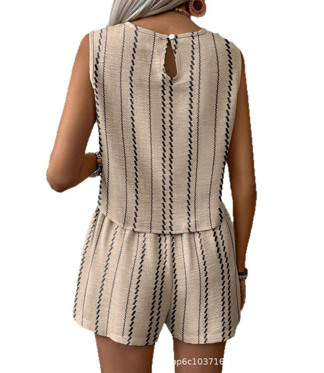 Back view of beige sleeveless top and shorts matching set with keyhole button closure detail