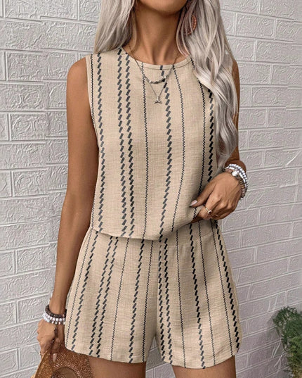 Beige printed sleeveless top and shorts matching set with black stripe pattern, front view