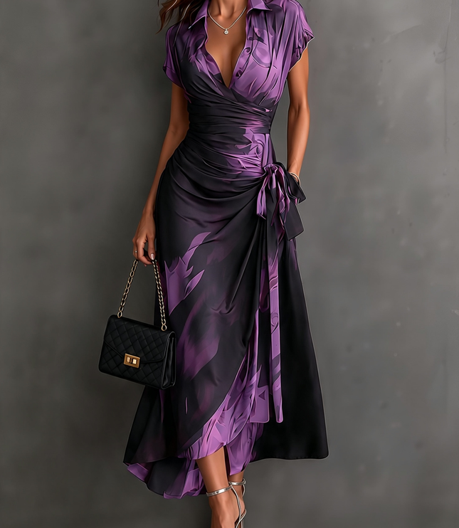 Women's Printed Wrap Dress with a Collared V-Neck