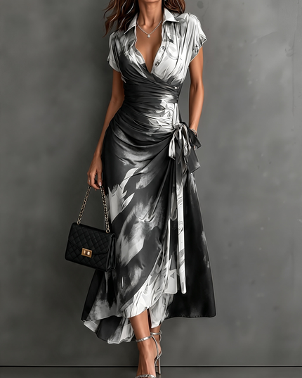 Women's Printed Wrap Dress with a Collared V-Neck