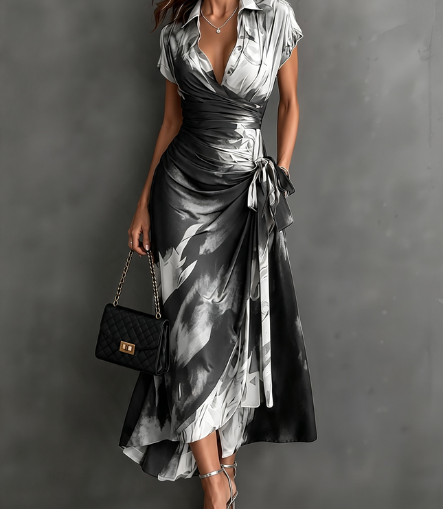 Women's Printed Wrap Dress with a Collared V-Neck