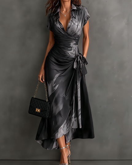 Women's Printed Wrap Dress with a Collared V-Neck