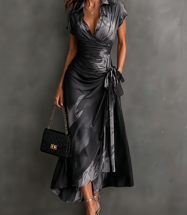 Women's Printed Wrap Dress with a Collared V-Neck