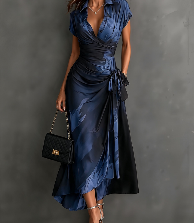 Women's Printed Wrap Dress with a Collared V-Neck