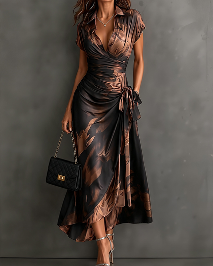 Women's Printed Wrap Dress with a Collared V-Neck
