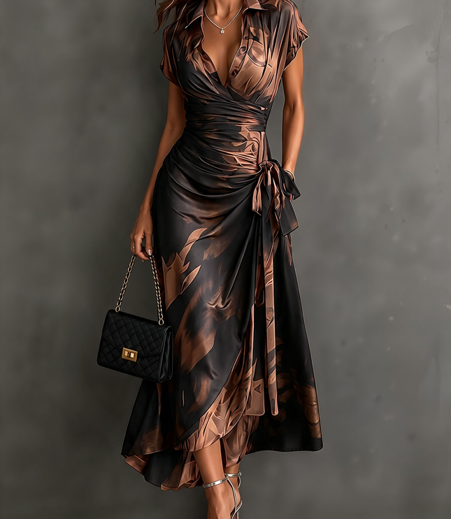 Women's Printed Wrap Dress with a Collared V-Neck