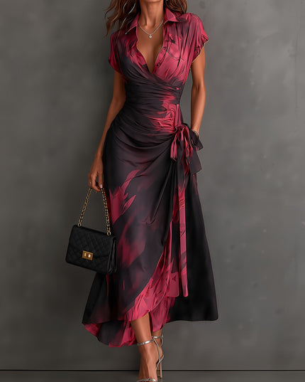 Women's Printed Wrap Dress with a Collared V-Neck