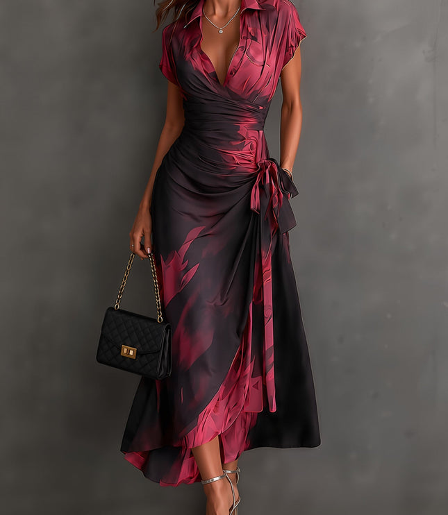 Women's Printed Wrap Dress with a Collared V-Neck