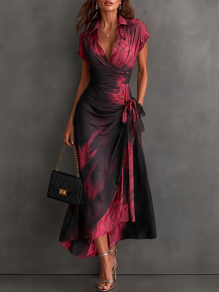 Women's Printed Wrap Dress with a Collared V-Neck