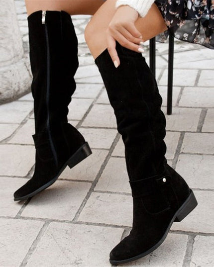 Women's Pull-On Suede-Look Boots with a Buckle Strap