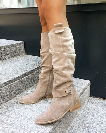 Women's Pull-On Suede-Look Boots with a Buckle Strap