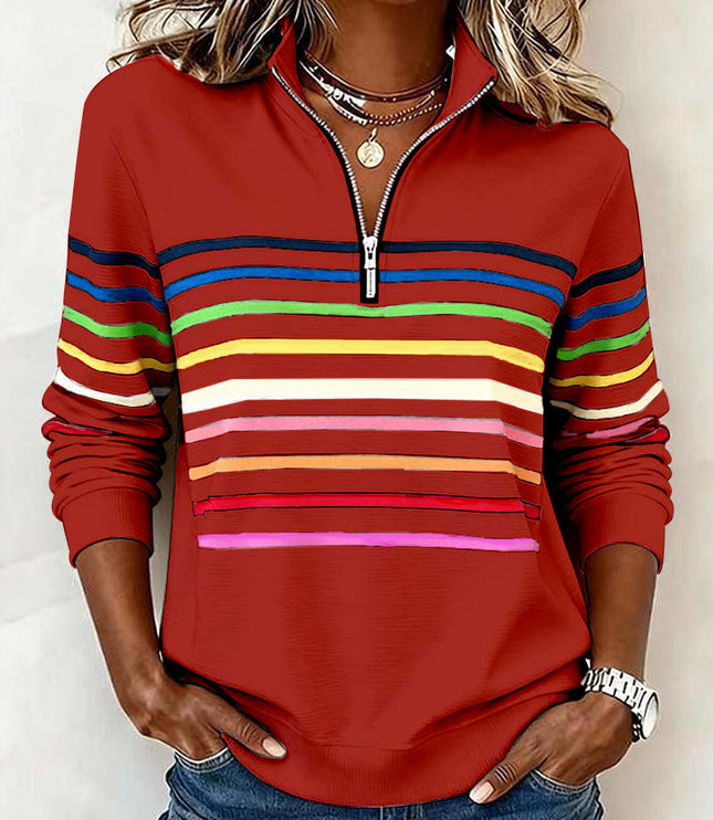 Women's Quarter Zip Striped Knit Pullover Sweater