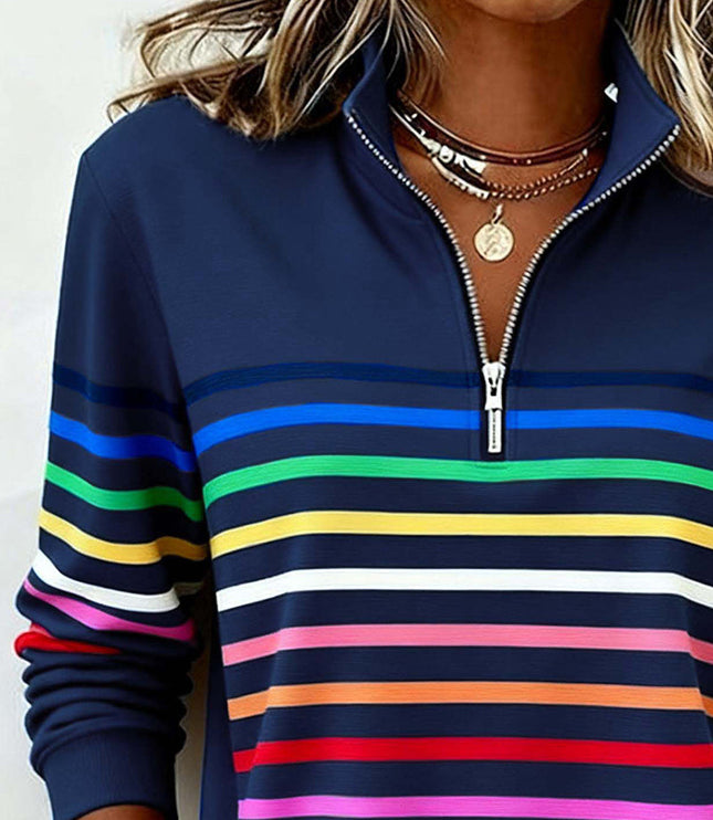 Women's Quarter Zip Striped Knit Pullover Sweater