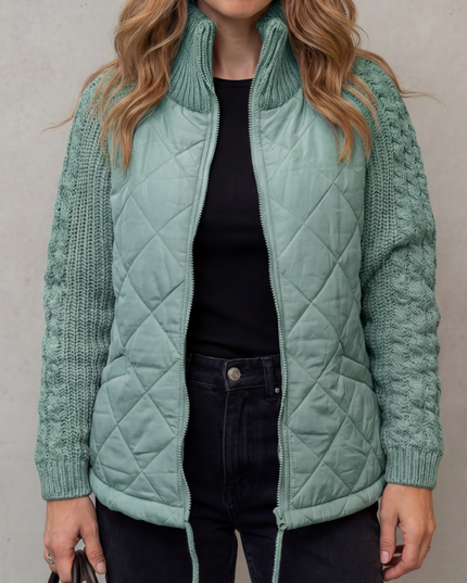 Women's Quilted Cable Knit Sleeve Zip Up Jacket