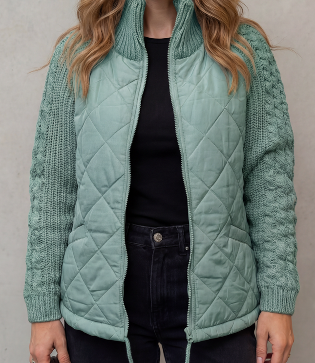 Women's Quilted Cable Knit Sleeve Zip Up Jacket