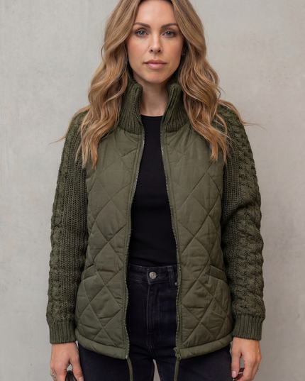 Women's Quilted Cable Knit Sleeve Zip Up Jacket