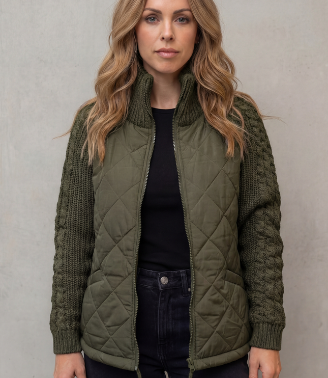 Women's Quilted Cable Knit Sleeve Zip Up Jacket