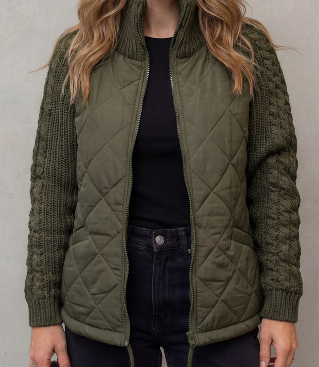 Women's Quilted Cable Knit Sleeve Zip Up Jacket